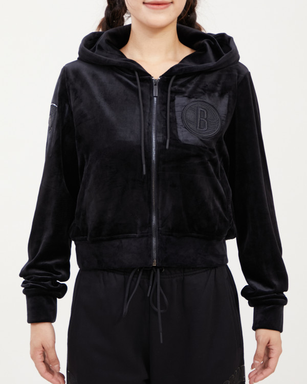 トップス NOBODY STANDARD LOGO VELOUR BLACK Brooklyn Nets Triple Black Triple Black Women's Velour Full Zip